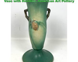 Lot 2074 Roseville Green Pinecone Trumpet Vase with Handles. American Art Pottery