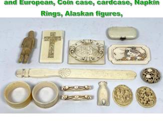 Lot 2148 14pcs Carved Table Objects. Asian and European, Coin case, cardcase, Napkin Rings, Alaskan figures, 