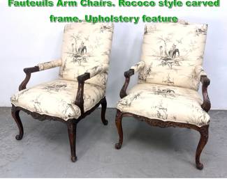 Lot 1814 Pr BAKER FURNITURE French style Fauteuils Arm Chairs. Rococo style carved frame. Upholstery feature 