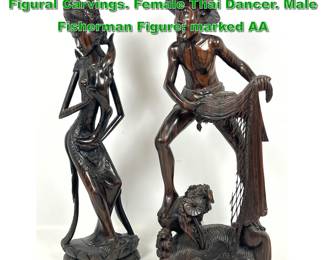 Lot 2049 2pc Carved Rosewood Balinese Figural Carvings. Female Thai Dancer. Male Fisherman Figure marked AA