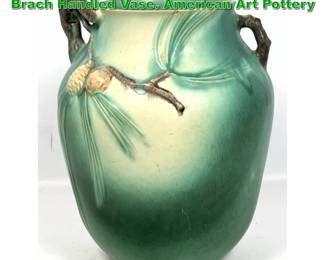 Lot 2082 Roseville Green Pinecone Tall Brach Handled Vase. American Art Pottery