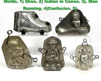Lot 2278 Collection 5 Vintage Chocolate Molds. 1 Shoe. 2 Indian in Canoe. 3. Man Running. 4Confucius. 5.