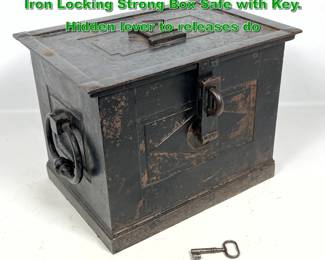 Lot 1996 High Quality Victorian Era Heavy Iron Locking Strong Box Safe with Key. Hidden lever to releases do