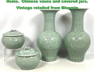 Lot 2130 4 pcs celadonglazed porcelain items. Chinese vases and covered jars. Vintage retailed from Bloomin