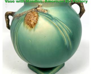 Lot 2069 Roseville Green Pinecone Ball Vase with Handles. American Art Pottery