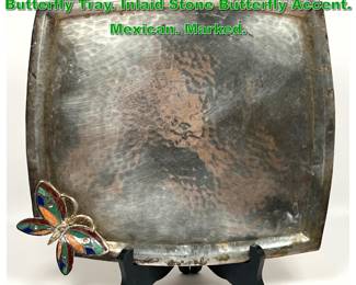 Lot 1919 EMILIA CASTILLO Silver Plate Butterfly Tray. Inlaid Stone Butterfly Accent. Mexican. Marked. 