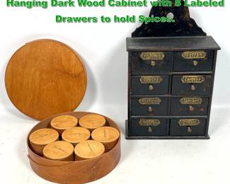 Lot 2235 2pc Spice Cabinet Storage. 1 Wall Hanging Dark Wood Cabinet with 8 Labeled Drawers to hold Spices. 