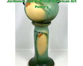 Lot 2091 Roseville Green Pinecone Jardiniere and Pedestal. American Art Pottery