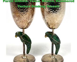 Lot 1944 Pr LOS CASTILLO Silver Plate Inlaid Parrot Goblets. Taxco, Mexico. Hammered Texture Drinking Vessels