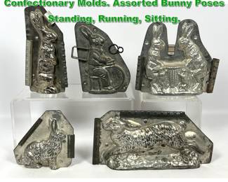 Lot 2265 5pc Vintage Rabbit Chocolate Confectionary Molds. Assorted Bunny Poses Standing, Running, Sitting, 