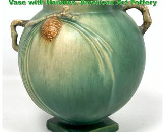 Lot 2075 Roseville Green Pinecone Ball Vase with Handles. American Art Pottery