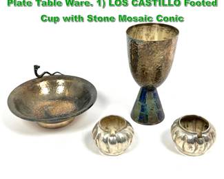 Lot 1924 4pc Vintage MCM Castillo Silver Plate Table Ware. 1 LOS CASTILLO Footed Cup with Stone Mosaic Conic