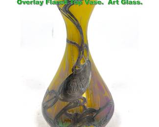 Lot 2108 Antique Loetz Style Sterling Overlay Flared Top Vase. Art Glass. 