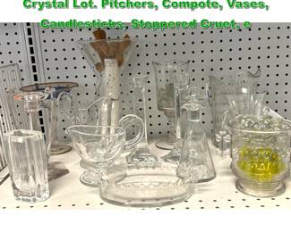 Lot 2250 Vintage Clear Glass and Lead Crystal Lot. Pitchers, Compote, Vases, Candlesticks, Stoppered Cruet, e