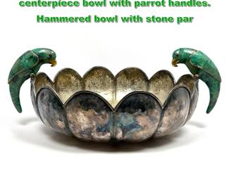 Lot 1939 Large Los Castillo silverplated centerpiece bowl with parrot handles. Hammered bowl with stone par