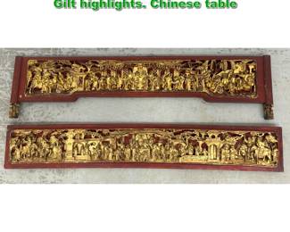 Lot 2006 Pair Asian Carved wood Panels. Gilt highlights. Chinese table 