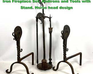 Lot 1807 Samuel Yellin Style Hand Forged Iron Fireplace Set. Andirons and Tools with Stand. Horse head design