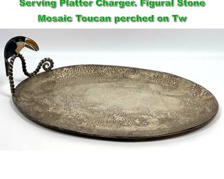 Lot 1914 EMILIA CASTILLO Silver Plate Oval Serving Platter Charger. Figural Stone Mosaic Toucan perched on Tw