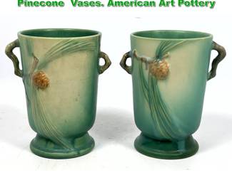 Lot 2064 Matched Pair Roseville Green Pinecone Vases. American Art Pottery