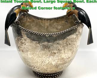 Lot 1942 EMILIA CASTILLO Silver Plate 4 Inlaid Toucan Bowl. Large Square Bowl. Each Raised Corner features a 