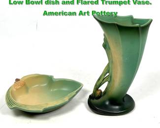Lot 2088 2pcs Roseville Green Pinecone Low Bowl dish and Flared Trumpet Vase. American Art Pottery