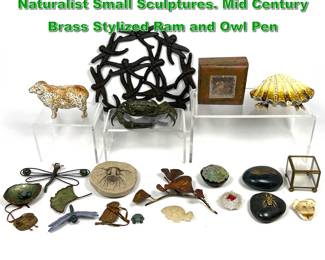 Lot 2234 Large Collection Mixed Media Naturalist Small Sculptures. Mid Century Brass Stylized Ram and Owl Pen