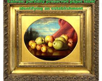 Lot 2136 Antique Still Life Painting on Canvas. partially preserved paper label identifying an establishment 