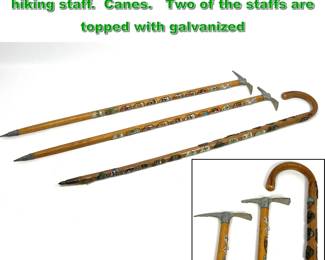 Lot 1899 3pcs vintage walking sticks or hiking staff. Canes. Two of the staffs are topped with galvanized 
