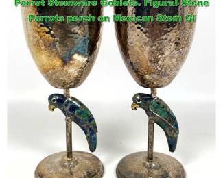 Lot 1911 Pr LOS CASTILLO Stone Mosaic Parrot Stemware Goblets. Figural Stone Parrots perch on Mexican Stem Gl