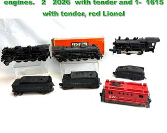 Lot 2365 7pcs Lionel O27 gauge train engines. 2 2026 with tender and 1 1615 with tender, red Lionel 