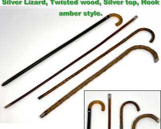 Lot 1882 4pcs Vintage walking sticks canes. Silver Lizard, Twisted wood, Silver top, Hook amber style. 