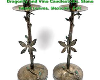 Lot 1927 Pr EMILIA CASTILLO Silver Plate Dragonfly and Vine Candlesticks. Stone Inlaid Leaves. Mexican. Felt