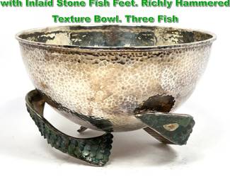 Lot 1937 LOS CASTILLO Silver Plate Bowl with Inlaid Stone Fish Feet. Richly Hammered Texture Bowl. Three Fish