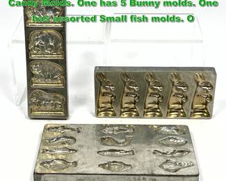 Lot 2283 3pc Vintage Metal Chocolate Candy Molds. One has 5 Bunny molds. One has assorted Small fish molds. O