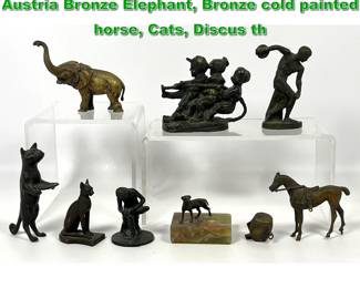 Lot 2216 9pc Decorative Metal Sculptures. Austria Bronze Elephant, Bronze cold painted horse, Cats, Discus th