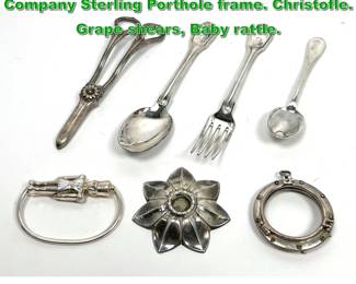 Lot 2163 7pcs Silver Lot. Tiffany and Company Sterling Porthole frame. Christofle. Grape shears, Baby rattle.