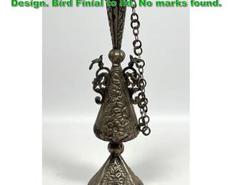 Lot 1987 Vintage Silver Spice Tower. Relief Design. Bird Finial to lid. No marks found. 