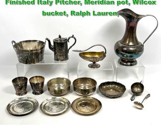 Lot 2243 14pcs Silverplate. Calegaro Hand Finished Italy Pitcher, Meridian pot, Wilcox bucket, Ralph Lauren, 