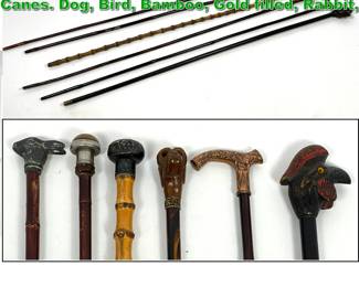 Lot 1889 6pcs. Antique Walking Sticks Canes. Dog, Bird, Bamboo, Gold filled, Rabbit, 