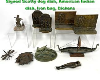 Lot 2218 8pc Objects Lot. Metal Viking Ship, Signed Scotty dog dish, American Indian dish, Iron bug, Dickens 