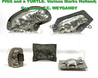 Lot 2285 Collection 5pc Chocolate Molds. 4 PIGS and a TURTLE. Various Marks Holland Germany T.C. WEYGANDY 
