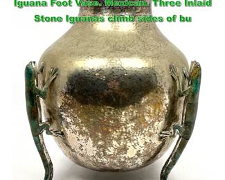 Lot 1947 EMILIA CASTILLO Silver Plate Iguana Foot Vase. Mexican. Three Inlaid Stone Iguanas climb sides of bu