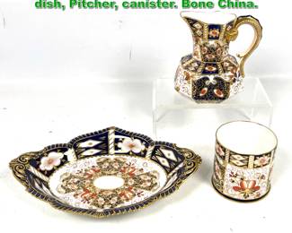 Lot 2054 3pcs Royal Crown Derby Handled dish, Pitcher, canister. Bone China.