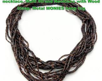 Lot 2181 Gerda Lyngaard Monies beaded necklace. Multi Strand Necklace with Wood Clasp. Metal MONIES hang tag