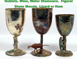 Lot 1917 3pc EMILIA CASTILLO Silver Plate Goblets. Wine, Water Stemware. Figural Stone Mosaic Lizard or Hum
