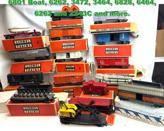 Lot 2367 17pc Lionel O Gauge model trains. 6801 Boat, 6262, 3472, 3464, 6828, 6464, 6262 and 2243C and more.
