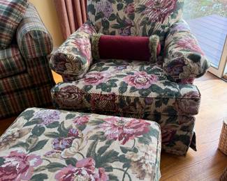 Patterned armchair and ottoman. So cozy!
