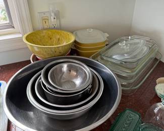 Some new, some old Pyrex, lots of metal prep bowls