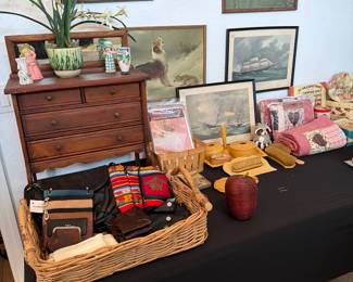 Wooden Vintage jewelry box, quilted shams, Vtg Victoria Celluliod vanity set