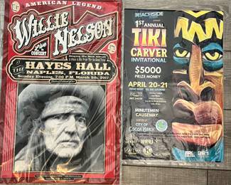 WILLIE NELSON - 2018 MATTOLE RIVER STUDIOS POSTER and
a flyer for the 1st Annual Tiki Carver Invitational